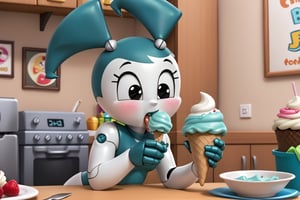 A ROBOT GIRL EATING ICECREAM
