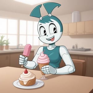 A ROBOT GIRL EATING ICECREAM
