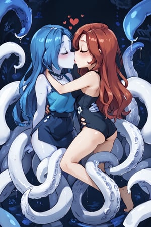 chelsea a white girl red hair and cute face wearing a blue blouse kissing a kraken girl with blue skin, BLUE hair like tentacles and cartoon style, 2 girls, kissing lesbian, FULL BODY
