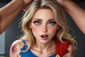 Imagine and create: in this scene the rape of Supergirl, BATMAN grabs Supergirl from behind, she is tied hand and foot by the ruthless BATMAN, her superhero costume is tattered and very torn, revealing her thin and agile body . Supergirl is left cut, bruised, bruised and very bloody, being sexually dominated by the imposing Batman with. The expression on her face is one of surprise and delight, eyes wide and lips bitten as she experiences an intense, unknown sensation. The setting is dark and gloomy, with a cold color palette that highlights the seriousness of the situation. BATMAN has managed to forcefully penetrate Supergirl vaginally, while she lies down, tied and vulnerable, unable to resist his power. The scene includes an X-ray vision effect frame to focus on Supergirl's penetration of her, showing the action more explicitly. High-quality, ultra-detailed 32k real 3D CGI format highlights every curve of the body and every drop of sweat, creating an intensely sensual and provocative image with (intricate details)