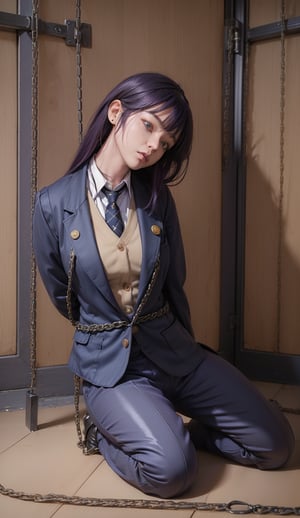 (Barleycorn_button_navy_blazer_jacket:1.6),(button_waistcoat_wear_inside_blazer:1.5),(top_button_collared_shirt:1.4),(necktie:1.4),(long_pants:1.4),(kneeling_on_the_floor:1.3),(establising_far_shot:1.5),(arms_tied_behind_back:1.7),(arms_tied_with_thick_chains:1.8),(((long_hair_with_complete_bangs:1.8))),(((beautiful and aesthetic:1.4))),(((purple_dye_hair:1.4))),(((((tired_face:1.7))))),((((spread_legs:1.6)))),((((plastic_surgery_round_eyes, round_cheeks, high-bridged_nose:1.5)))),(((((dark_prison_cell:1.5))))),
perfect.,Bomi,Enhance,Model ,Asian ,eungirl,((((1girl)))).,((Perfect lips)).,1 girl,(lora:Ultra_Detailer:1).