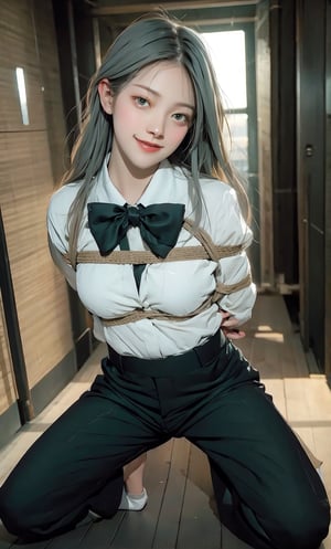 (((Far full body shot))), (((establishing shot))), (1girl), (((young Asian girl))), ((((kneeling)))), (((((((black tuxedo suit:1.4))))))), (((long pants))), ((((arms_behind_back)))), ((((smile face)))), ((spread legs)), (((dark prison cell))), ((((spread legs:1.4)))), ((((plastic surgery huge shining round eyes:1.3)))), ((((looking at viewer)))), (((gorgeous green eyes))). (((White hair))), (long hair with fringes with blurry).,masterpiece,((medium_breast_bondage)). ,Bomi,Young beauty spirit ,Best face ever in the world,1 girl,Ava,portrait,ava,AVA,JeeSoo ,sangonomiya kokomi (sparkling coralbone)