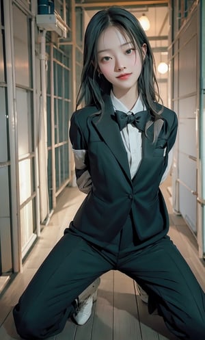 (((Far full body shot))), (((establishing shot))), (1girl), (((young Asian girl))), ((((kneeling)))), (((((((black tuxedo suit:1.4))))))), (((long pants))), ((((arms_behind_back)))), ((((smile face)))), ((spread legs)), (((dark prison cell))), ((((spread legs:1.4)))), ((((plastic surgery huge shining round eyes:1.3)))), ((((looking at viewer)))), (((gorgeous green eyes))). (((White hair))), (long hair with fringes with blurry).,masterpiece,((medium_breast_bondage)). ,Bomi,Young beauty spirit ,Best face ever in the world,1 girl,Ava,portrait,ava,AVA,JeeSoo ,sangonomiya kokomi (sparkling coralbone)