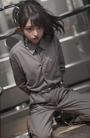 ((((Button_top_collared_long_sleeve_grey_prison_uniform:1.5)))),((((long_pants)))),((((full_body_shot:1.4)))),((((kneeling:1.4)))),(((((knees_chained_with_thick_chains:1.5))))),(((((extra_long_hair_with_complete_fringes_with_blurry:1.4))))),(beautiful and aesthetic:1.4),((((round cheeks, high-bridged nose, plastic surgery round eyes:1.5)))),((((((dark_prison_cell:1.5)))))),
perfect.,Bomi,Enhance,Model ,Asian,((Perfect lips)).,perfect light,Young beauty spirit. 