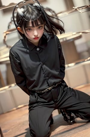 ((((Button_top_collared_long_sleeve_black_prison_uniform:1.5)))),((((long_pants)))),((((full_body_shot:1.4)))),((((kneeling:1.4)))),(((((knees_chained_with_thick_chains:1.5))))),(((((extra_long_hair_with_complete_fringes_with_blurry:1.4))))),(beautiful and aesthetic:1.4),((((round cheeks, high-bridged nose, plastic surgery round eyes:1.5)))),((((((dark_prison_cell:1.5)))))),
perfect.,Bomi,Enhance,Model ,Asian,((Perfect lips)).,perfect light,Young beauty spirit. 