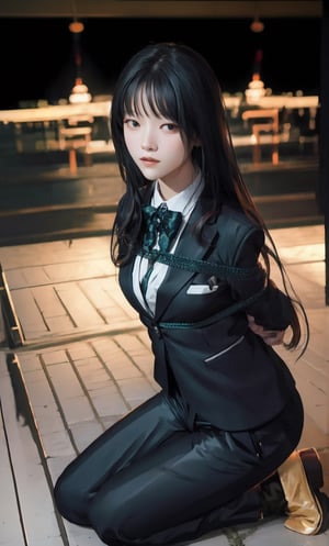 (((Far full body shot))), (((establishing shot))), (1girl), ((((young Asian girl:1.4)))), ((((kneeling)))), (((((((black tuxedo suit:1.4))))))), ((((long pants)))), ((((arms_behind_back)))), ((((smile face)))), ((spread legs)), (((dark prison cell))), ((((spread legs:1.4)))), ((((plastic surgery huge shining round eyes:1.3)))), ((((looking at viewer)))), (((gorgeous green eyes))). ((Long hair with fringes with blurry)).,masterpiece,((medium_breast_bondage)). ,Bomi,Young beauty spirit ,Best face ever in the world,1 girl,Ava,portrait,ava,AVA,JeeSoo ,sangonomiya kokomi (sparkling coralbone),best quality