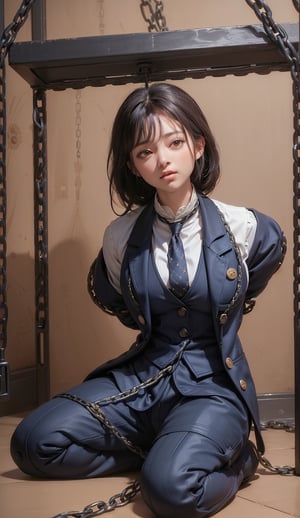 (Barleycorn_button_navy_blazer_jacket:1.6),(button_waistcoat_wear_inside_blazer:1.5),(top_button_collared_shirt:1.4),(necktie:1.4),(long_pants:1.4),(kneeling_on_the_floor:1.3),(establising_far_shot:1.5),(arms_tied_behind_back:1.7),(arms_tied_with_thick_chains:1.8),(((long_hair_with_complete_bangs:1.6))),(((beautiful and aesthetic:1.4))),(((((tired_face:1.7))))),((((spread_legs:1.6)))),((((plastic_surgery_round_eyes, round_cheeks, high-bridged_nose:1.5)))),(((((dark_prison_cell:1.5))))),
perfect.,Bomi,Enhance,Model ,Asian ,eungirl,((((1girl)))).,((Perfect lips)).,1 girl,(lora:Ultra_Detailer:1).