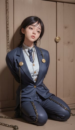 (Barleycorn_button_navy_blazer_jacket:1.6),(button_waistcoat_wear_inside_blazer:1.5),(top_button_collared_shirt:1.4),(necktie:1.4),(long_pants:1.4),(kneeling_on_the_floor:1.3),(establising_far_shot:1.5),(arms_tied_behind_back:1.7),(arms_tied_with_thick_chains:1.8),(((long_hair_with_complete_bangs:1.8))),(((beautiful and aesthetic:1.4))),(((((tired_face:1.7))))),((((spread_legs:1.6)))),((((plastic_surgery_round_eyes, round_cheeks, high-bridged_nose:1.5)))),(((((dark_prison_cell:1.5))))),
perfect.,Bomi,Enhance,Model ,Asian ,eungirl,((((1girl)))).,((Perfect lips)).,1 girl,(lora:Ultra_Detailer:1).