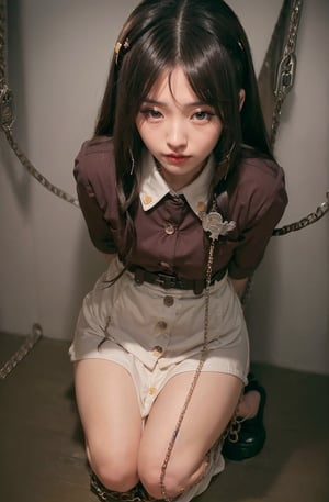 ((((((Button_top_collared_cotton_prison_uniform:1.5)))))),((((long_skirt:1.4)))),((((full_body_shot:1.4)))),((((kneeling:1.4)))),(((((body_chained_with_giant_chains:1.5))))),(((((extra_long_hair_with_complete_fringes_with_blurry:1.4))))),(beautiful and aesthetic:1.4),((((round cheeks, high-bridged nose, plastic surgery round eyes:1.5)))),((((((1935_Japanese_military_dark_prison_cell:1.5)))))),
perfect.,Bomi,Enhance,Model ,Asian,((Perfect lips)).,perfect light,Young beauty spirit. ,Em1ru,pokimane