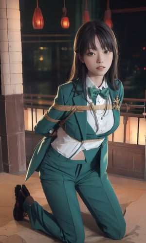 (((Far full body shot))), (((establishing shot))), (1girl), ((((young Asian girl:1.4)))), ((((kneeling)))), (((((((green tuxedo suit:1.4))))))), ((((long pants)))), ((((arms_behind_back)))), ((((smile face)))), ((spread legs)), (((dark prison cell))), ((((spread legs:1.4)))), ((((plastic surgery huge shining round eyes:1.3)))), ((((looking at viewer)))), (((gorgeous green eyes))). ((Long hair with fringes with blurry)).,masterpiece,((medium_breast_bondage)). ,Bomi,Young beauty spirit ,Best face ever in the world,1 girl,Ava,portrait,ava,AVA,JeeSoo ,sangonomiya kokomi (sparkling coralbone),best quality