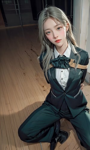 (((Far full body shot))), (((establishing shot))), (1girl), (((young Korean girl))), ((((kneeling)))), (((((black tuxedo suit:1.4))))), (((long pants))), ((((arms_behind_back)))), ((((sad face)))), ((spread legs)), (((dark prison cell))), ((((spread legs:1.4)))), ((((plastic surgery huge shining round eyes:1.3)))), ((((looking below at the floor)))), (((gorgeous green eyes))). (((White hair))), (long hair with fringes with blurry).,masterpiece,((medium_breast_bondage)). ,Bomi,Young beauty spirit ,Best face ever in the world,1 girl,Ava,portrait,ava,AVA