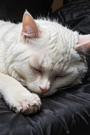 a white cat sleeping on the black bed,Extremely Realistic