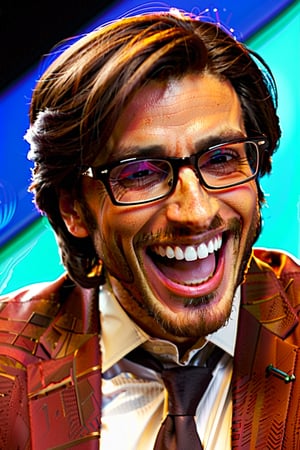 smiling face, medium long brown hair, mocking smile, with black glasses forming the word memes,Crazy face 