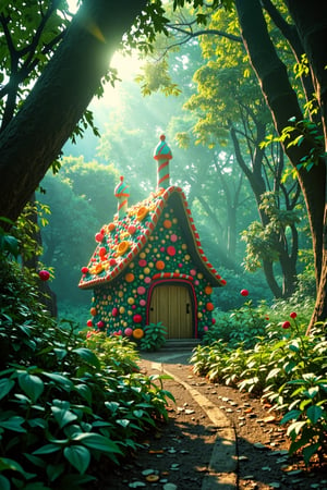 In a mystical clearing within a dense, ancient forest, a whimsical candy house stands amidst a tapestry of emerald foliage. Warm sunlight filters through the canopy above, casting dappled shadows on the vibrant hues of the sweets. A tranquil landscape unfolds, where eerie atmosphere and vivid colors converge. Cinematic composition guides the eye to the sugary abode, as natural scenery takes center stage in this photorealistic, 8K masterpiece.