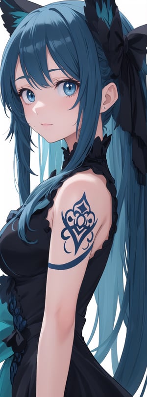 A very beautiful anime girl dressing a elegant dress, beautiful long blue hair, blue eyes, her dress is made by ink, looking at viewer, radiant gaze, (front view), upper body, close up, ink brushstrokes in background mastepiece quality, stunning image, colorful, Ink art style.