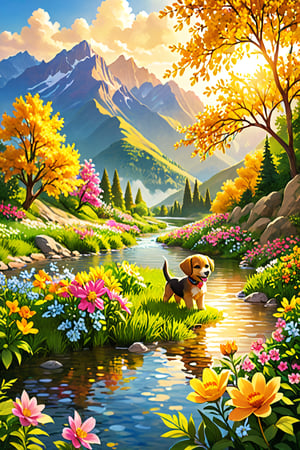 A serene panorama unfolds on a sun-kissed riverbank, where a playful puppy frolics amidst vibrant flowers. Majestic mountains rise in the distance, their rugged peaks softened by wispy clouds. Trees with leafy canopies stretch towards the sky, their gentle sway harmonizing with the calming ambient atmosphere. Warm sunlight casts a golden glow, illuminating the masterpiece of nature's artistry.