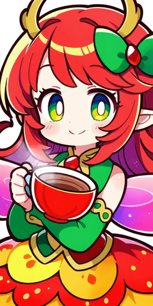 score_9, score_8_up, score_8, score_7_up, vibrant watercolor anime style. Close up of a gorgeous fairy with wild red hair. She smiles charmingly as she holds a steaming cup of coffee. A whimsical forest emerges out of a white background