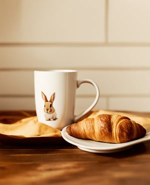 Create an image of a family coffee mug with a rabbit print, placed on a rustic wooden table. Beside it, a freshly baked croissant with a golden-brown crust is perfectly arranged. The scene is illuminated by soft morning sunlight, casting a warm glow over the table. The composition focuses on the mug and croissant, with a slight depth of field to emphasize the cozy breakfast setting.