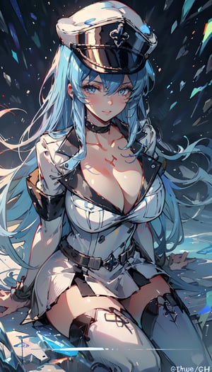 masterpiece, high_resolution, ultra realistic, outdoors, (hair ornament), reah, long blue hair, looking at viewer, perfect face, creppy smile, see through top, facing viewer, photorealistic, blue glows, sexy, 4K, 8k HD, high quality, portrait, boots, choker, cleavage, collarbone, hat, ice, military, military uniform, peaked cap, thigh boots, thighhighs, uniform, bracelet, portrait art, esdeath,perfect light,IceElementCh