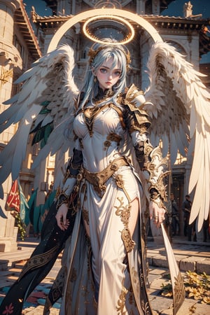 triumphant angel girl, roccoco irridescent fallen angel, cute young angel girl, reah, long blue hair, white large wings, paradise, angel beaty, beatiful, 8k, oktavian render, high quality, masterpiece, dynamic pose, hot girl, praising, dark background, nimb, cinemathic scene, shiny, an angel wearing gold and silver crystal armor, heaven background, glowing halo around head, white feathered wings, centered key visual highly detailed breathtaking beauty precise lineart vibrant comprehensive cinematic, dynamic pose, best quality, 8k, golden hour,angel_wings