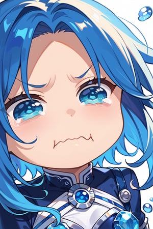 masterpiece, highly detailed, 16k, ultra HD, meme, chibi, chibi style, closed mouth, upper body, cute face, anime style, 1girl, long blue hair, blue glow eyes, ba_chibi, score_9, score_8_up, score_7_up, source_anime,BREAK, aquacrying, wavy mouth, tearing up