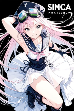 1girl, solo, looking at the audience, model pose, gentle smile, eyes with long and dense eyelashes (very bright and crystal clear), air gear, character name, text, Air Gear, black background, simca, grey eyes, pink hair, long hair, goggles, sailor dress, gloves, fingerless gloves, goggles on headwear, boots