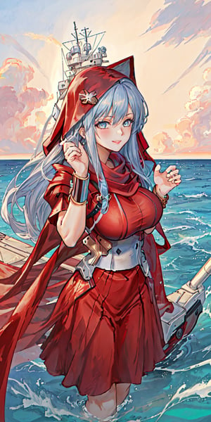 enterprise_azurlane, long_hair, blue_eyes, blue_hair, reah, red scarf, red cloak, red dress, bracelet, masterpiece, high_resolution, gentle_smile, happy, ocean, detailed_fingers, natural_breast,girl,renaissance,Sexy Pose,Anigame ,EpicS,1 girl,realhands