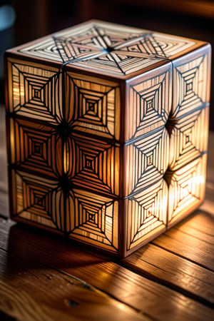 A close-up shot of a intricate, hand-drawn rubic's cube artwork, with delicate sketches and shading that convey complexity. The object sits on a worn wooden table, partially hidden by a faint shadow. Soft, warm lighting casts a gentle glow on the surface, highlighting the subtle textures and crevices.