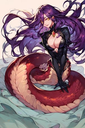 Score_9, Score_8_up, Score_7_up, seduce gaze, long purple hair, bloodlust, lamia mosnter girl, lamia type, black yellow eyes