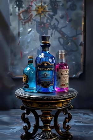 3d rendering,figure resin, basic base ,(masterpiece, best quality), mystic, haze aura, A bottle of potion with vigrant colors, silver glowing with vibrant magical energy. They are placed on a small, round, vintage-style table that evokes an old European atmosphere. On bottle there are sign 'Ferromancer'. In the background, a slightly blurred, strong metal to focus attention on the bottles. Soft light filters into the scene, while fireflies float around, adding a touch of mystery and magic to the glowing bottles.