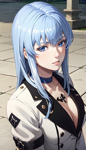 masterpiece, RAW, ultra realistic, outdoors, (hair ornament), reah, long blue hair, looking at viewer, perfect face, see through top, facing viewer, photorealistic, blue glows, sexy, 4K, 8k HD, high quality, portrait, boots, choker, cleavage, collarbone, hat, ice, military, military uniform, peaked cap, thigh boots, thighhighs, uniform, bracelet, portrait art, esdeath,perfect light