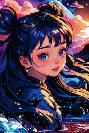 Anime style, highly detailed, masterpiece, fantasy art, 1girl, solo, long blue hair, twintail, looking straight up, blush, bangs, blue eyes, wavy hair, earrings, parted lips, blurry, eyelashes, excellent quality, light particles, water drop, stunning_image, Anime art style, vspop, rich color,kidz