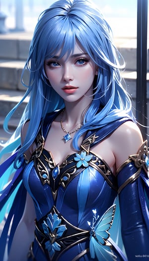 masterpiece, RAW,, ultra realistic, outdoors, ((blue hair)), (hair ornament), reah, long blue hair, looking at viewer, perfect face, see through top, stairs, facing viewer, photorealistic, blue glows, Science Fiction, sexy, 4K, 8k HD, Circle, high quality, OceanGoddess,1 girl, portrait,Modena butterfly, red scarf, red cloak, red dress, bracelet