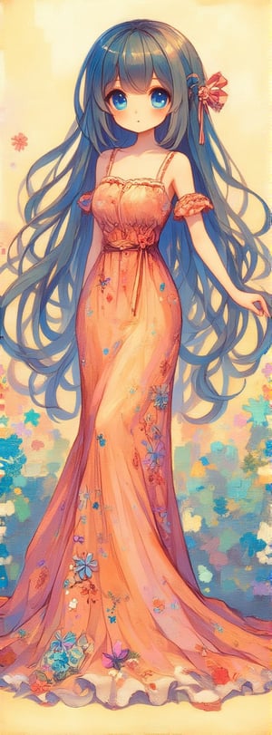 A very beautiful anime girl dressing a elegant dress, beautiful long blue hair, blue eyes, her dress is made by ink, looking at viewer, radiant gaze, (front view), upper body, close up, ink brushstrokes in background mastepiece quality, stunning image, colorful, Ink art style, score_9up, score_8_up, score_7_up, score_6_up,, Masterpiece,oil painting