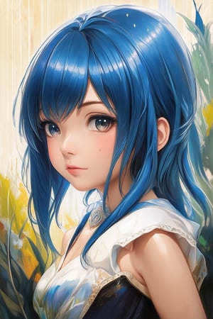 A captivating portrait of a blue long hair maiden with luscious locks framing her radiant face. Behind her, a vibrant abstract watercolor painting by Daniel Gerhartz, titled Rain, chibi style, cute, Enhance,Cartoon, anime girl style,yumistyle