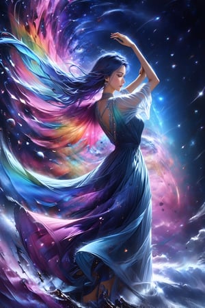 anime girl, masterpiece, high quality realistic, realistic aesthetic photo, sharp forcus, vibrant colors, galaxy of background, half body, rainbow-color, elegance, passion, fairy, beautiful girl, long blue hair, long dress, wind, dancing, DonMF41ryW1ng5XL,ink,DonMM1y4XL