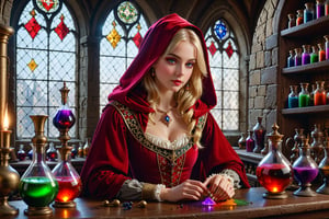 Photorealistic, Award Winning, Ultra Realistic, 8k, of a 25 years old good sweet girl preparing potions in her study. She has blonde hair and wears a medieval red dress with hood and tippet, richly silver embroidered. Medieval atmosphere. On background we see colourful stained glasses window lighting an old castle room, (many bright colored potion ampoules:1.4) on the shelves. Masterpiece, ultra highly detailed, Dynamic Poses, Alluring, Amazing, Excellent, Detailed Face, Beautiful Symmetric Eyes, Heavenly, Very Refined, dark golden light,digital painting,crystalz,Decora_SWstyle,art_booster
