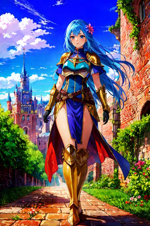 masterpiece, best quality, half body, perfect anatomy, 1girl, solo, reah, long blue hair, hair flower, gloves, armor, breastplate, bodysuit, pelvic curtain, standing, outdoors, medieval city, castle in background,