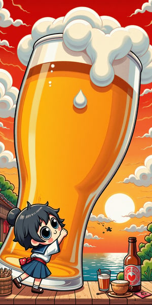 A stunning anime masterpiece featuring a petite, cute chibi determined protagonist. Against the vibrant backdrop of a breathtaking niji (Japanese sunset), the heroine struggles to grasp a gigantic beer glass. Her tiny hands wrap delicately around the rim as she exerts maximum effort, her facial expression a perfect blend of cuteness and determination. The artwork boasts intricate details, ultra-high definition, and kawaiicolors that pop with texture, inviting the viewer to step into this whimsical world, oil painting, Pixel Art,ZanyEyesStyle