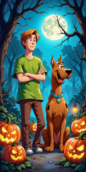 A masterful Halloween-themed artwork featuring Scooby-Doo and Shaggy in a cartoon style! Depict them standing confidently, arms crossed, amidst a haunted atmosphere with glowing jack-o'-lanterns and spider webs. The background should be a dark, misty forest with eerie trees and a full moon hanging low. Lighting is crucial, with warm orange hues from the pumpkins and a subtle blue glow from the moon. Shaggy's iconic green shirt and Scooby-Doo's matching collar stand out against the dark backdrop. The overall composition should convey a sense of bravado, as if they're ready to tackle any ghostly mysteries that come their way!