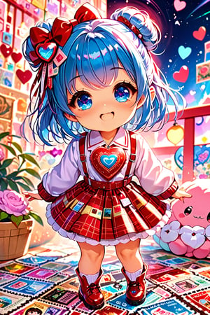 ((postage stamp)), illustration, chibi, cute, (girl from the 9th dimension). (incredible smile:1.4), (ultimately adorable:1.4), (incredibly adorable:1.4), (super kawaii:1.4), (masterpiece:1.4), highest quality, 16k, ultra-detailed, very clear and precise images, full body, perfect anatomy, valentine, blue hair, blue eyes