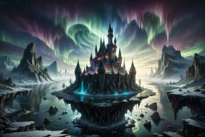 A majestic flying castle soars above an icy floating island, bathed in the ethereal glow of an 8K aurora night sky. Snowflakes gently fall onto the frozen landscape as the castle's towers and turrets seem to defy gravity. Framed by the swirling colors of the northern lights, this fantasy art piece is set against a breathtaking backdrop of starry darkness.,floatingisland