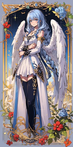 nodf_lora, Circle, angelreah, long blue hair, angel wings, white dress, detached sleeves, black stocking, necklace, gentle smile, happy, long blue hair with blue eyes, high_resolution, masterpiece,tarot card background, bright,cloudstick, majestic
