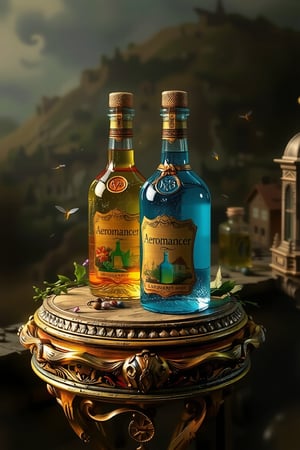 3d rendering,figure resin, basic base ,(masterpiece, best quality), mystic, haze aura, A bottle of potion with vigrant colors, aqua glowing with vibrant magical energy. They are placed on a small, round, vintage-style table that evokes an old European atmosphere. On bottle there are sign 'Aeromancer'. In the background, a slightly blurred, mysterious hill to focus attention on the bottles. Soft light filters into the scene, while fireflies float around, adding a touch of mystery and magic to the glowing bottles.