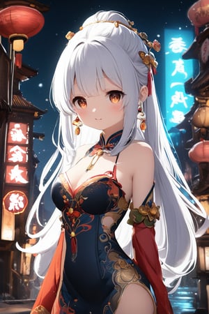 Sexy Pose, masterpiece, highly detailed, high resolution,  1girl, Japanese beauty, white hair, cute attraction, long hair, in the dark night, (sexy Chinese Hanfu+body implants), highly detailed background, neon lights, Cyberpunk, Enhance, Chinese fantasy art, Anime Style, cover painting,Anime style