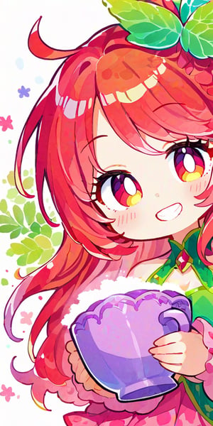 score_9, score_8_up, score_8, score_7_up, vibrant watercolor anime style. Close up of a gorgeous fairy with wild red hair. She smiles charmingly as she holds a steaming cup of coffee. A whimsical forest emerges out of a white background