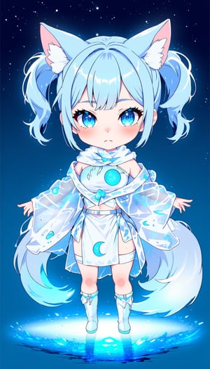 chibi girl, front view, Anthropomorphized fox Girl: Pure blue hair tied into high twin ponytails, with a blue sheen at the ends Blue eyes, like stars shining in the night sky White clothing featuring a blue glowing moon pattern on the chest A translucent fiber optic skirt with blue LED lights, mimicking the starry sky Light and semi-transparent white shawl embroidered with blue crescent moons and stars Two pairs of white fox ears and a long fox tail, with a blue LED light at the tip of the tail Boots adorned with blue fiber optics, giving a futuristic feel White fingertip touchscreen gloves.full body,chibi, sanrio style, 3D colour,Anime Style