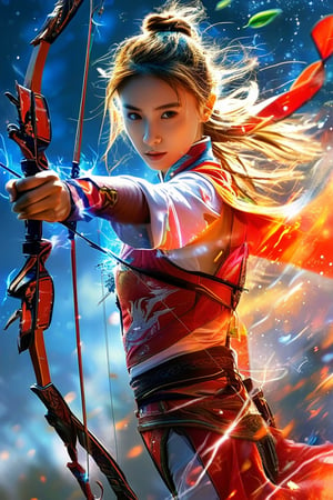 realistic, beautiful, elemental, magic, 1girl, majestic, holding bow, olympic, sports, archery, standing pose