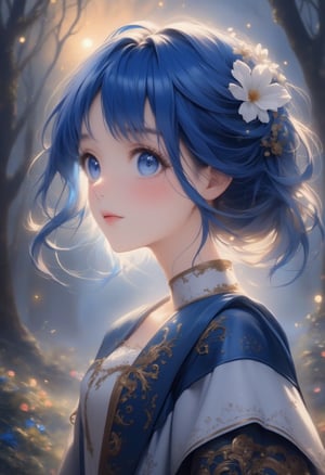 anime, anime style, niji6 style, by nijijourney, anime, anime style, niji6 style, by nijijourney, blue theme, anime, anime style, niji6 style, by nijijourney, 1girl, solo, hair ornament, pony hair, long dress uniform, flower hair ornament, flower, blurry, princess, blurry background, portrait, glow blue eyes, parted lips, from side, blue hair, dress, eyelashes, looking up, upper body, white flower, parted bangs, jacket, depth of field, nature, outdoors, sidelocks, forest, blue eyes, floating hair, expressionless, hair intakes, gradient hair, blue hair, blue eyes, very long hair, multicolored hair, sunlight, animification, anime coloring, fake screenshot, screencap, anime screencap, twilight, detailed eyes, ambient light, thick eyelashes, diamond, dark night, dark deep, sparkling, masterpiece, best quality, highres, 4k, 8k, intricate detail, cinematic lighting, amazing quality, amazing shading, film grain, blurry foreground, vignetting chiaroscuro, chromatic aberration, backlighting, global illumination, drop shadow, detailed illustration, anime style, wallpaper, animification, anime coloring, fake screenshot, screencap, anime screencap,Oil painting style,Anime style,Oil painting style 