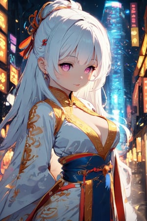 Sexy Pose, masterpiece, highly detailed, high resolution,  1girl, Japanese beauty, white hair, cute attraction, long hair, in the dark night, (sexy Chinese Hanfu+body implants), highly detailed background, neon lights, Cyberpunk, Enhance, Chinese fantasy art, Anime Style, cover painting